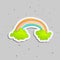 Cute cartoon rainbow on two green clouds icon. Colored funny rainbow and two clouds with decoration on grey background