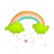 Cute cartoon rainbow on two green clouds icon. Colored funny rainbow and two clouds with decoration on white background