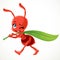 Cute cartoon red ant carries green blade of grass  isolated on a white background