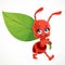 Cute cartoon red ant carries green leaf isolated on a white background