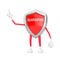 Cute Cartoon Red Metal Medical Shield Mascot Person Character with Quarantine Sign Gesturing with Finger. 3d Rendering