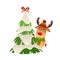 Cute cartoon reindeer behind christmas tree isolated