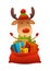 Cute cartoon reindeer behind toy bag with gifts