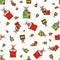 Cute cartoon reindeer in brown, red, green and gold holding presents. Seamless vector pattern on gold white confetti