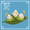 Cute cartoon rice dumpling characters on row bamboo leaf for dragon boat festival celebration. Food floating on the river. Flat