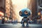 Cute Cartoon Robot With Very Big Eyes And Pitying Gaze In Front Of A Big Cartoon City Street. Generative AI