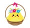 Cute cartoon rooster chicken sitting in basket with flowers. Isolated clip art for Easter design and seasonal greetings