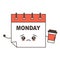 Cute cartoon sad calendar character on Monday with coffee funny vector illustration