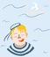 Cute cartoon sailor boy dreams about sea