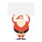 Cute cartoon Santa Claus standing with hands up holding blank ba