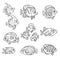 Cute cartoon sea fishes outlined isolated on a white background