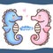 Cute cartoon seahorse couple. Male and female seahorses with hearts.