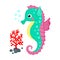 Cute cartoon seahorse and red coral branch vector illustration Tropical sea life theme illustration Cartoon sea creatures vector