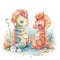 Cute cartoon seahorses baby watercolor. kawaii. digital art. concept art. isolated on a white background