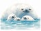 Cute cartoon seals in the water. Watercolor illustration. Generative ai