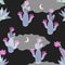 Cute cartoon seamless pattern with blooming cacti and succulents, moon and clouds. Funny night landscape. Desert landscape. Print