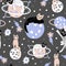 Cute cartoon. Seamless pattern. Cat, planet, stars.