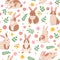 Cute cartoon seamless pattern with rabbit, flower and butterfly. Spring floral background with easter bunny. Childish