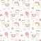 Cute cartoon seamless vector pattern background illustration with lama alpaca, ice cream, rainbow, hearts, flowers and butterflies