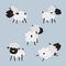 Cute cartoon sheep set. Standing, jumping and lying. Funny black lamb.