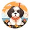 Cute cartoon shih tzu dog sitting on the beach.