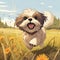 Cute Cartoon Shih Tzu Running in Meadow. Generative AI