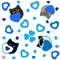 Cute cartoon siamese black brown cats and blue hearts on white background valentine day vector seamless pattern