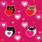 Cute cartoon siamese black brown cats and pink hearts on bright pink background valentine day vector seamless pattern