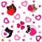 Cute cartoon siamese black brown cats and pink red hearts on white background valentine day vector seamless pattern