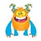 Cute cartoon silly horned monster. Vector troll character