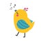 Cute cartoon singing bird. Funny whistle bird illustration, vector clip art