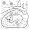 Cute cartoon sleeping bears in den in winter vector coloring page. Bear mom with her cub . Coloring book of forest animals for