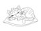 Cute cartoon sleeping cat on the pillow. Black and white vector illustration for coloring book