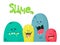 Cute cartoon slime monsters, liquid characters, graphic elements. Vector set on a white background with lettering Slime.