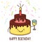 Cute cartoon smiling cake with glass of champagne. Vector illustration. Happy birthday greeting card