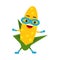 Cute cartoon smiling corncob superhero in mask, colorful humanized vegetable character Illustration