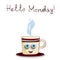 Cute Cartoon smiling Cup with blue sleepy eyes with streaks and