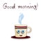 Cute cartoon smiling cup with blue sleepy eyes with streaks and