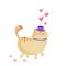Cute cartoon smiling ginger cat in top hat walking with hearts around