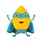 Cute cartoon smiling lemon superhero in mask and blue cape, colorful humanized fruit character Illustration