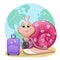 Cute cartoon snail with camera and luggage.