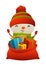 Cute cartoon snowman behind toy bag with gifts