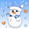 Cute cartoon snowman in a hat and headphones listens to music.