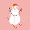 A cute cartoon snowman in a red hat holds a Christmas tree garland with his hands-branches and stands on skis