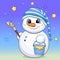 A cute cartoon snowman in a striped nightcap paints stars.
