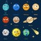 Cute cartoon Solar system planets with smiling faces, vector paper cut illustration. Funny space emoji. Kids astronomy.