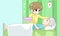 Cute cartoon son is nursing his old sick father with love and ca