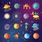 Cute cartoon space explorer, astronomy science and UFO vector set. Lunar rover, planets, rockets, space objects and