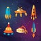 Cute cartoon space explorer, astronomy science and UFO vector set. Lunar rover, rockets, space sheeps and shuttle
