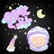 Cute cartoon space girl illustration. Girl in space helmet, moon and falling star isons with words Cosmic Girl in clouds